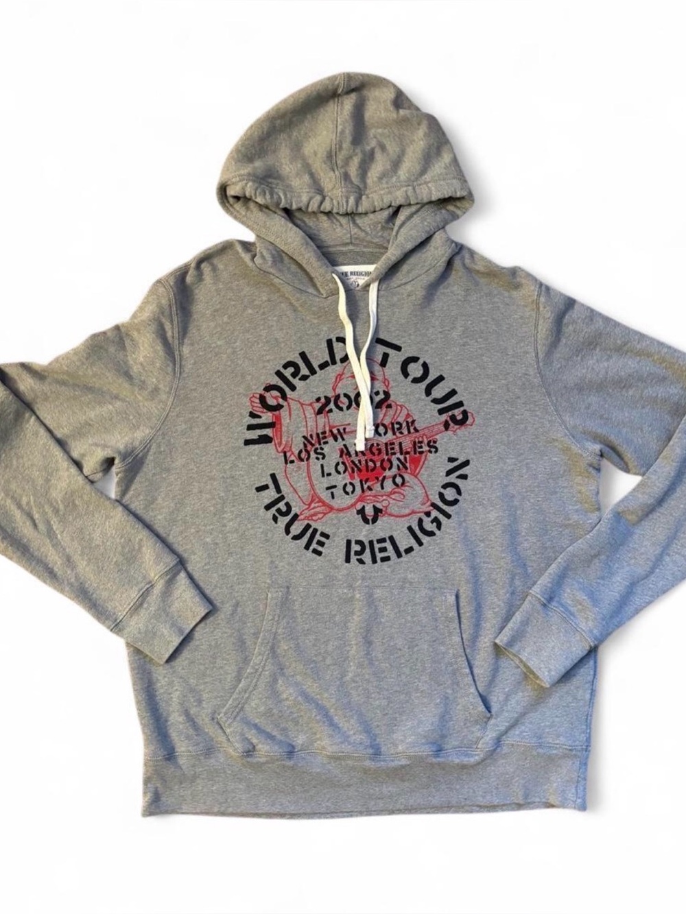 True Religion Men's Gray Zip-Up Hoodie with Black and Red Logo
